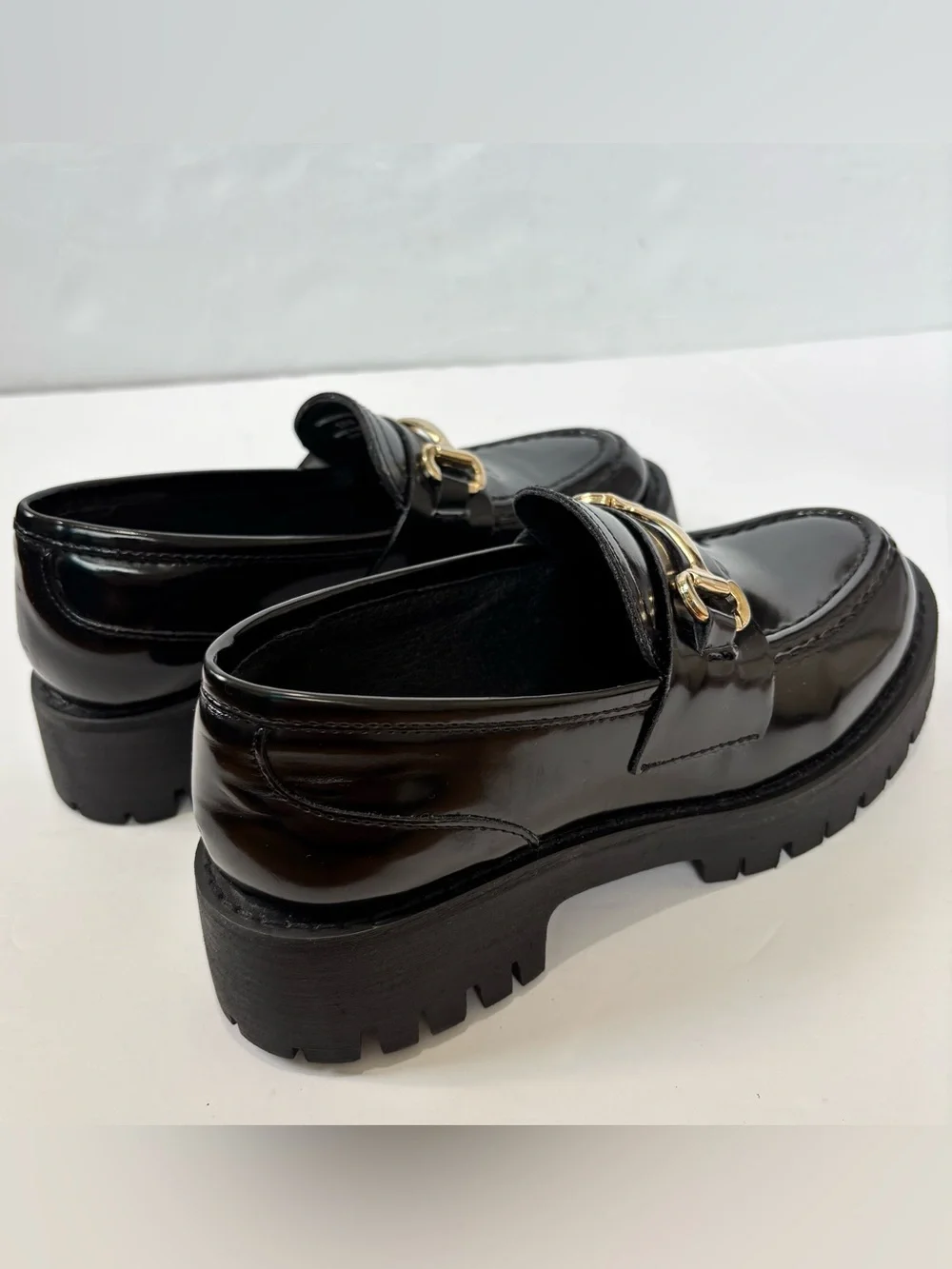 NEW Steve Madden Horsebit Lando Black Patent Chunky Platform Lug Sole Loafer 5.5